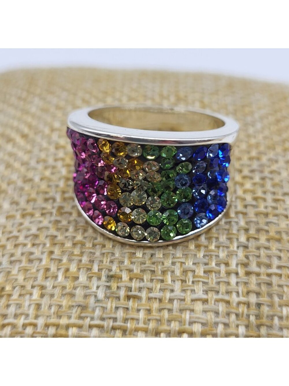 Vintage JCM Thailand Rainbow Pavé Rhinestone Ring Brass Sz 8 Pride Pageant Bling